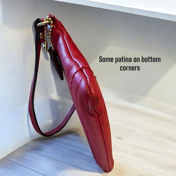 Coach Women's Red Leather Gold Logo Accents Coin Wristlet Strap Clutch Bag Purse - Picture 6 of 11